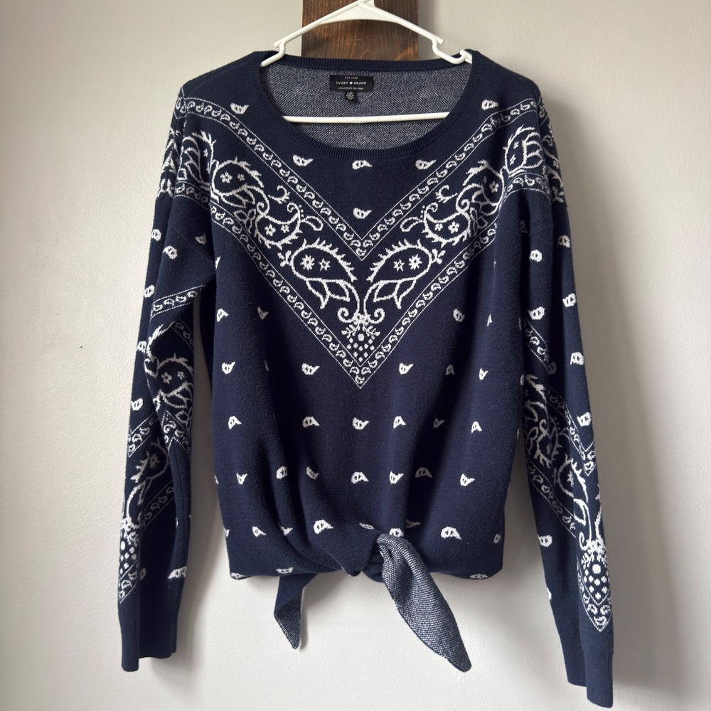 Lucky Brand L Navy White Boatneck Bandana Paisley Print Knit Front Tie Boho Top